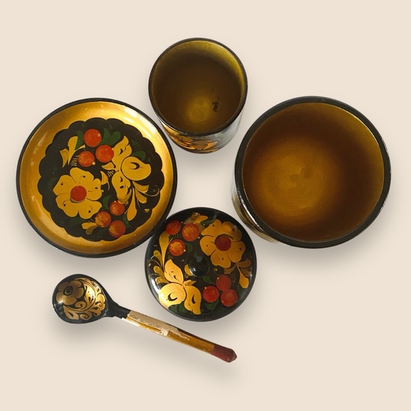 Russian Khokhloma Vintage Lacquerware 4pc Set Canister Cup Bowl Spoon Handmade - Picture 3 of 8